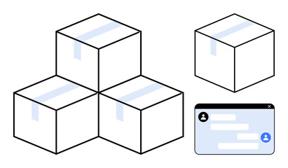 Stacked delivery boxes beside a digital messaging window conveying supply chain, logistics, packaging, shipment, delivery, e-commerce, and coordination. Ideal for modern logistics, simple landing