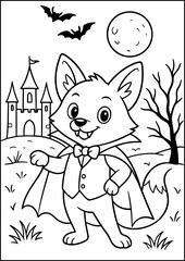 Coloring page, Fox dressed as a vampire in front of a spooky castle with bats.