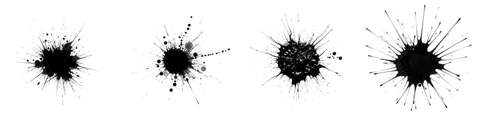 Ink splatter set with different shapes and sizes creating dynamic abstract black paint spots on transparency background