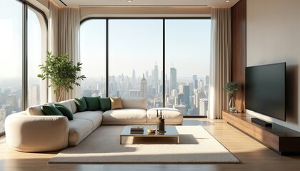 Fototapeta premium Illustration of modern living room interior design with cozy sofa, green pillows and city view from panoramic windows. Minimalist trendy furniture arrangement in apartment with hardwood floor.