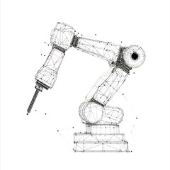 Detailed wireframe illustration of industrial robotic arm with articulated joints and drilling tool in minimalist white background for engineering design concept