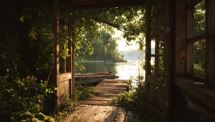 Rustic cabin doorway, overgrown foliage, tranquil river vista