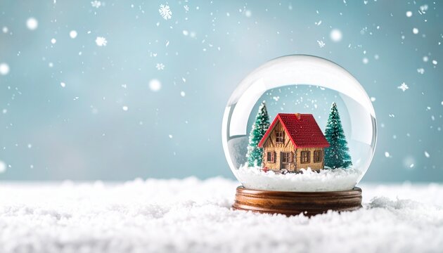 Clear snow globe featuring a miniature house inside with falling snow on a white background