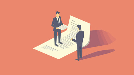 Obraz premium Businessman reviewing contract document with another man standing nearby, legal agreement discussion concept in flat minimalist vector style