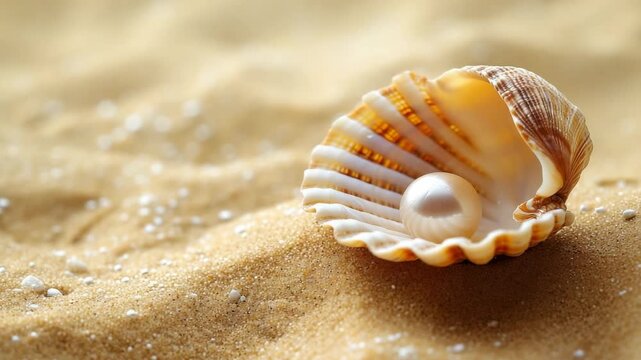Discovering a beautiful pearl nestled in a shell on a tranquil sandy beach during a sunny day