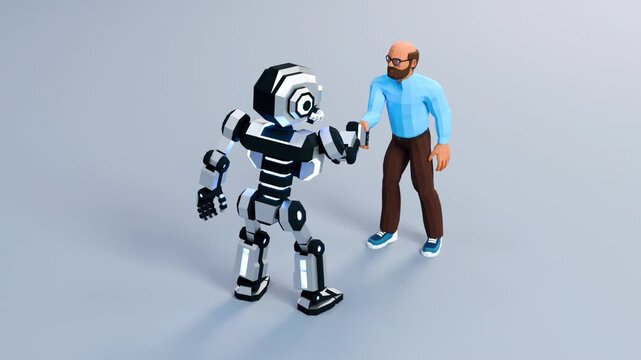 Man shaking hands with a humanoid robot, symbolizing cooperation, technology partnership, and the future of human-AI collaboration. Stylized looped 3D animation