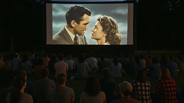 Outdoor movie night: Crowd watches a romantic classic film on a large projection screen