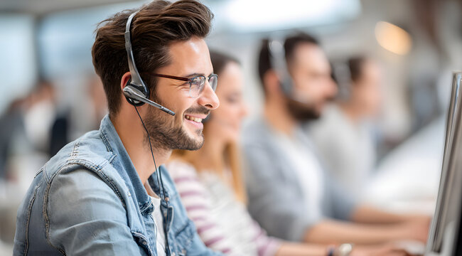 CRM, mockup or man in a telemarketing call center helping, talking or networking online. professional male customer service representative wearing a headset with a microphone, actively engaging