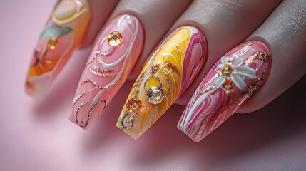 Luxurious Pink and Gold Marble Nails with Crystal Embellishments