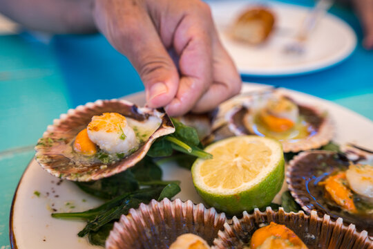 Fresh seafood delight with scallops and lemon slice