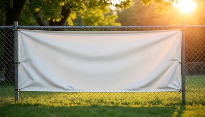 Vinyl banner mockup on chain-link fence in green grassy setting under sunlight. Empty advertising space with copy space for outdoor commercial promotion, marketing, presentation. Customizable blank
