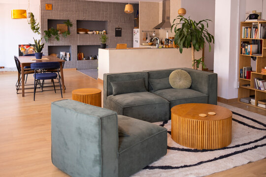 Cozy bright living room with modern kitchen interior and natural light