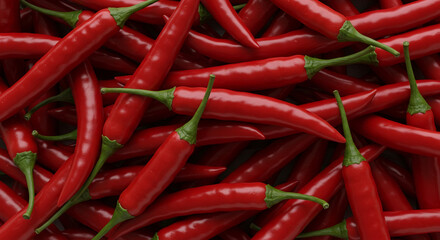Close-up view of a vibrant pile of fresh, red chili peppers, densely packed.