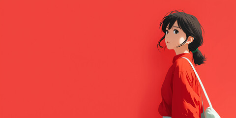 An anime-style woman in a red jacket looking to the side against a solid red background, in a minimalist graphic style, expressing a mood of quiet contemplation