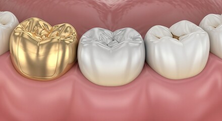 Dental crowns made of gold and silver displayed on a pink gum surface showcasing dental restoration options for patients