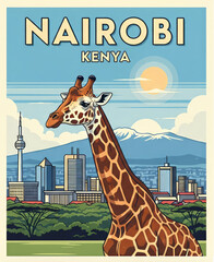 Vintage travel poster, Nairobi, Kenya art in the style of retro illustration