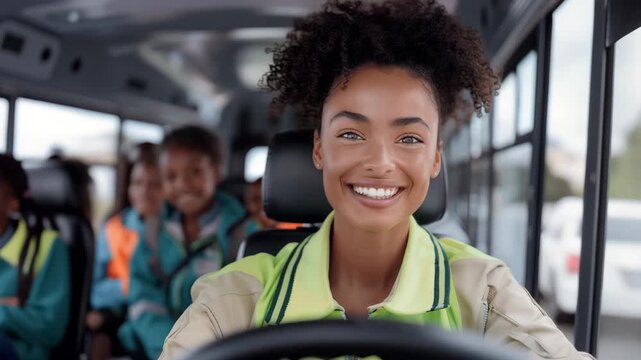 Close-up of smiling female school bus driver with happy children in her bus. Footage about safe transportation, school routine, care.