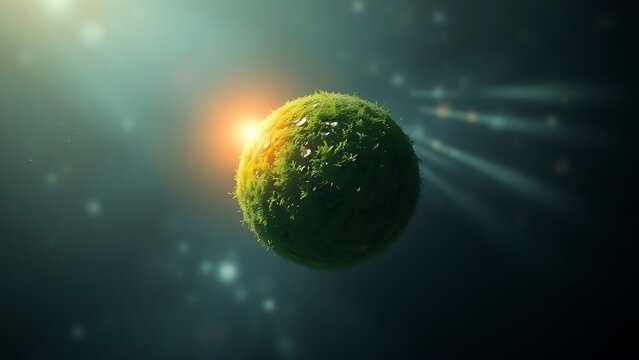 Lush green planet suspended in space with glowing atmosphere and vibrant cosmic vegetation.
