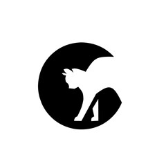 A minimalist black and white logo featuring a silhouette of a cat inside a bold circular shape. The cat is depicted in a crouching or stretching pose, emphasizing its agility and grace. This design is