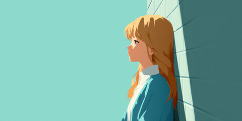 An anime-style woman with long blonde hair leaning against a blue wall, her face lit by a beam of sunlight in a serene, atmospheric scene, expressing peaceful contemplation