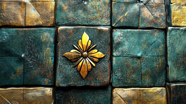 Ancient decorative wall with ornate gold and verdigris green textured metal tiles and floral emblems.