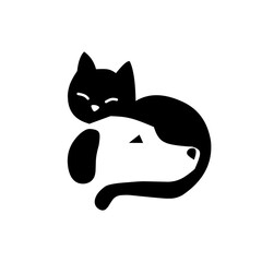 A minimalist black logo showing a cat cuddling with a dog, symbolizing friendship, care, and harmony between pets in a simple and modern design.