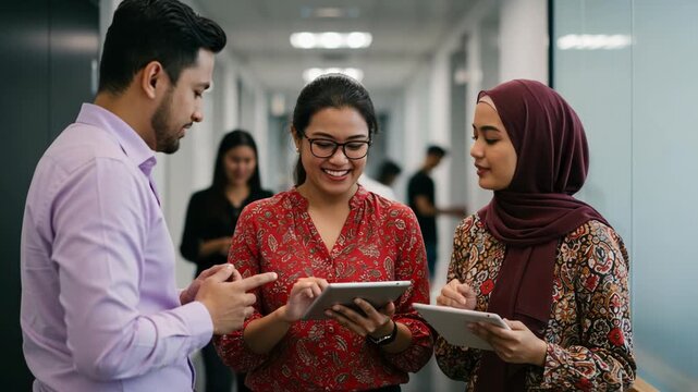 Diverse group of colleagues collaborating and smiling while looking at tablets in a modern office hallway, discussing ideas and sharing knowledge