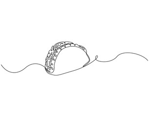 Continuous line drawing of taco food. Single line illustration of tacos food. Mexican food concept. Editable outline