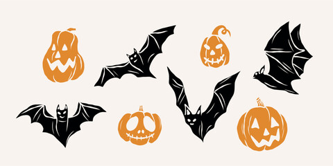 Flat vector doodle Halloween pumpkin and bat collection