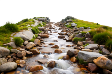 Mountain Stream Flowing Over Rocks and Green Grass water river isolated on a transparent background