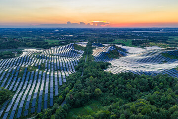 Photovoltaic panels on a hillside at sunset