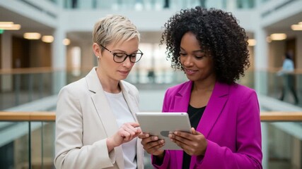 Two diverse women in business attire smiling while looking at a tablet together in a modern office building lobby, discussing work - Powered by Adobe