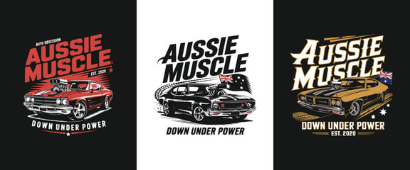 Aussie Muscle down under power classic car illustration set with Australian flag retro automotive emblem for apparel and t shirt design