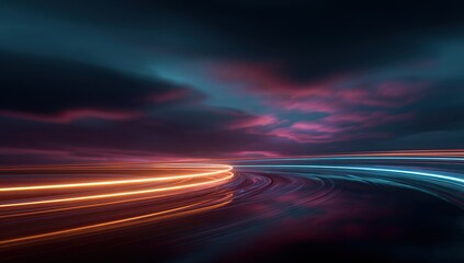 Colorful light trails on a futuristic highway at dusk