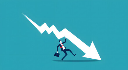 Fototapeta premium Businessman falling due to a large downward arrow, symbolizing business decline, financial crisis, and economic recession.