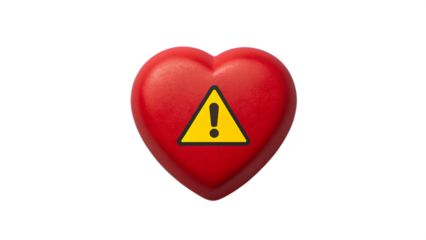 Red heart with warning sign isolated on transparent background representing heart health problems and cardiovascular disease risk