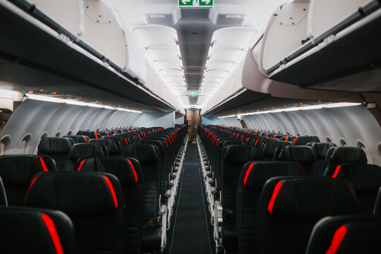 Empty commercial airplane cabin interior view