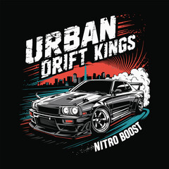 Urban Drift Kings nitro boost racing car illustration with city skyline and smoke retro motorsport emblem for apparel and t shirt design © Vectyx