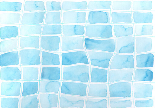 Abstract blue watercolor painting of wavy pool tiles background