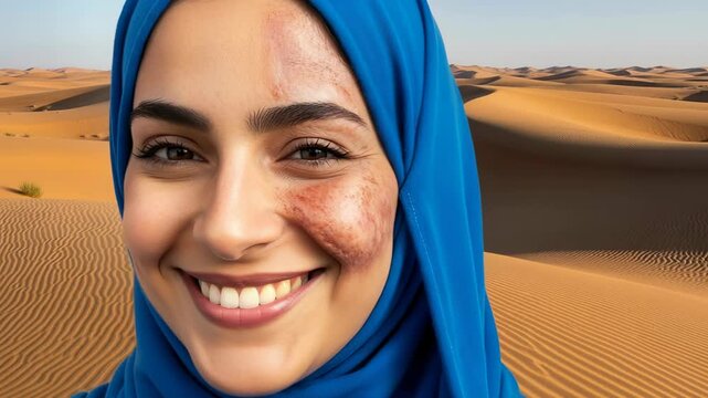Middle Eastern woman outdoors in desert landscape with healed burn scar on cheek featuring textured skin.