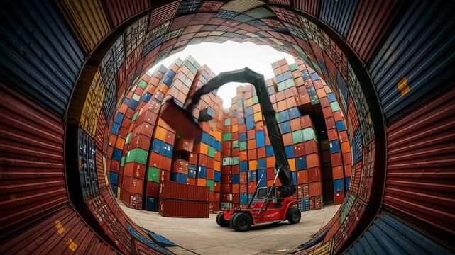 Fast-paced time lapse of reach stacker efficiently lifting and stacking containers in busy shipping yard
