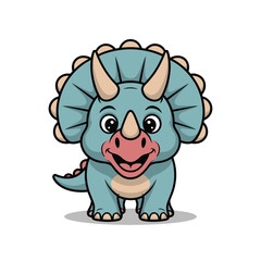Fototapeta premium Cute cartoon blue triceratops dinosaur with horns and frill Keywords: dinosaur, triceratops