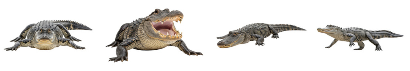 Naklejka premium Alligator in various poses showing dynamic walking and resting with open mouth, detailed reptile skin texture and sharp teeth