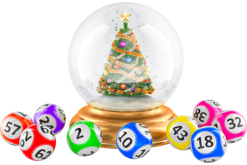 Christmas Lottery, concept with Christmas snow globe and colored lottery balls, transparent background