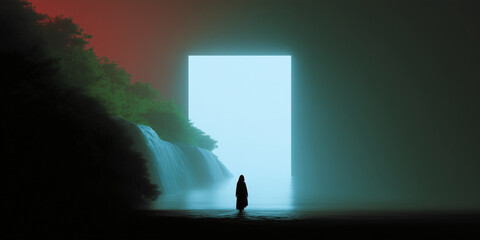 Silhouette of a person standing in water before a giant glowing blue portal in a misty forest, with atmospheric light reflecting on the surface, expressing a journey into the unknown