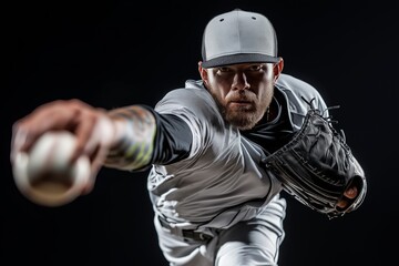Focused baseball pitcher in motion throwing a fastball, captured in dynamic close-up with intensity and athletic precision against a dark background