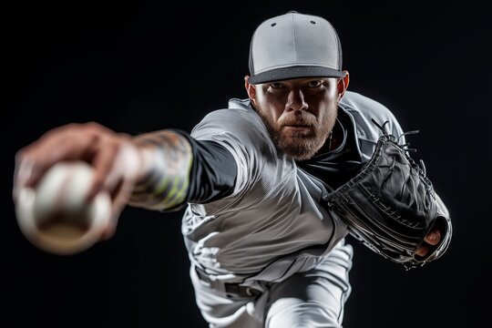Focused baseball pitcher in motion throwing a fastball, captured in dynamic close-up with intensity and athletic precision against a dark background