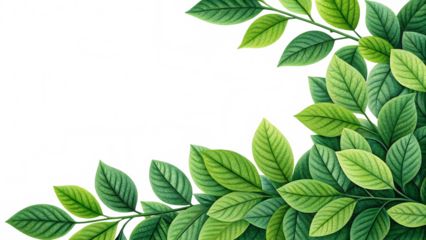Fresh green leaves on branches isolated on transparent background forming a decorative border for design and decoration