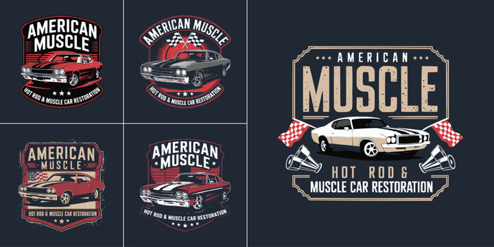 American muscle car emblem set with hot rod restoration badge, vintage racing auto logo, retro speed vehicle t shirt design