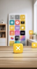 Home office, yellow delete icons, app icons in background